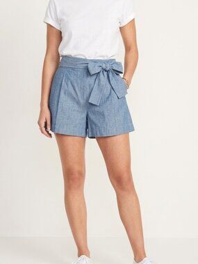 J.Crew Tie Waist Shorts Chambray Cotton Poplin High Rise Bow Size 12
